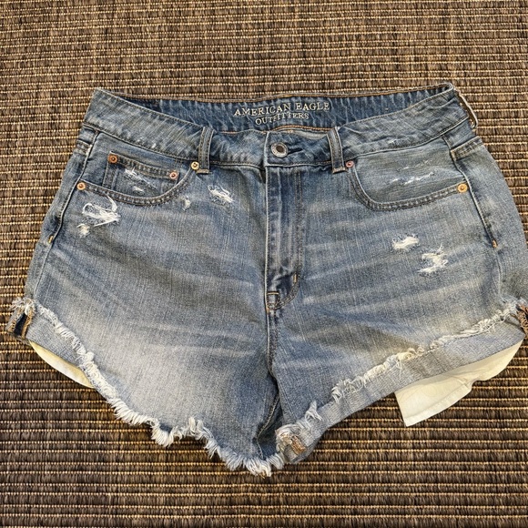 American Eagle Outfitters Hi Rise Festival  Blue Distressed Jean Shorts - Picture 1 of 3